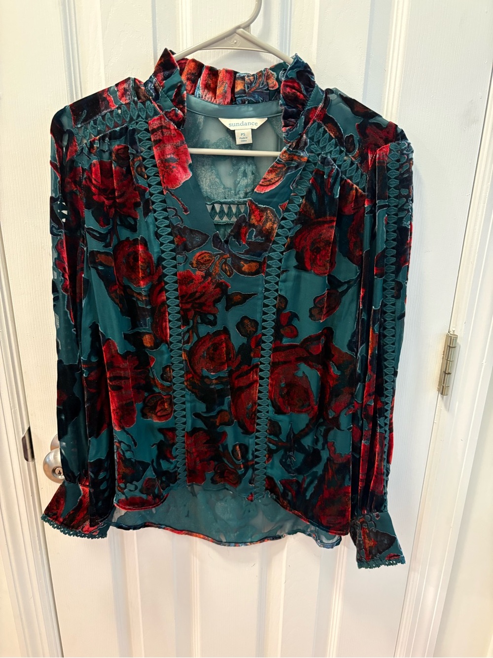 Sundance Teal and Red Velvet Floral Burnout Blouse